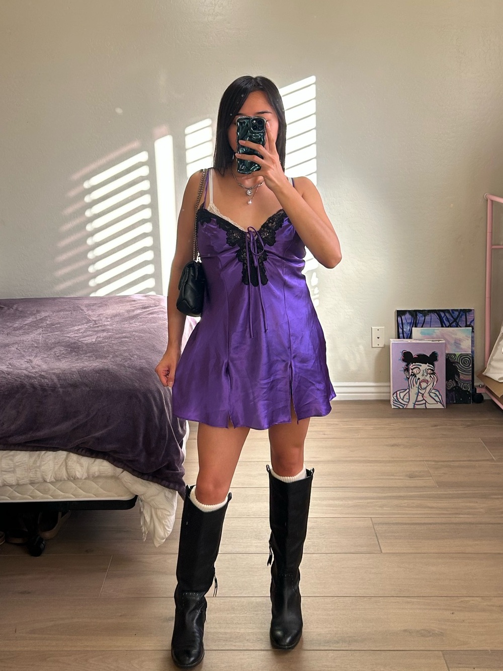 Frederick's of Hollywood Purple Satin Lace-Trim Chemise with Black Accents
